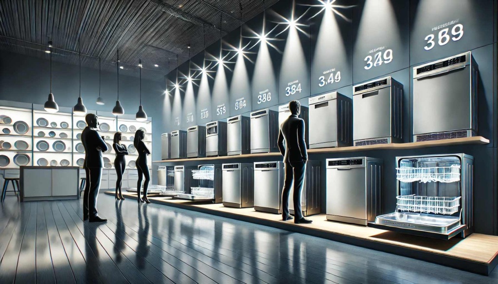 DALL·E 2024-06-25 14.46.36 - An illustrative image of a modern kitchen showroom featuring a variety of dishwashers displayed in a row, without any digital scoreboards or numerical.jpg