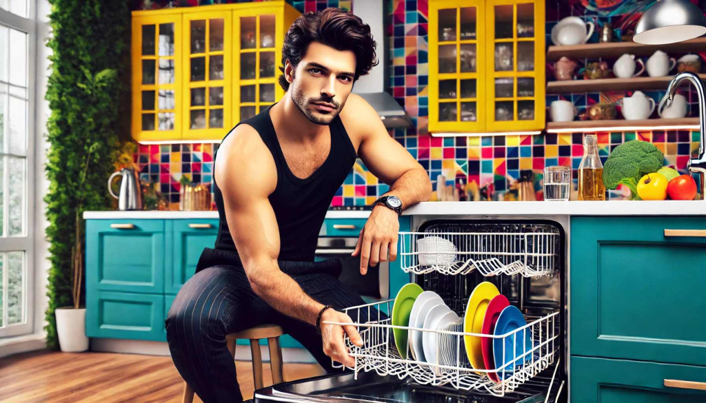 DALL·E 2024-06-25 14.19.11 - A handsome man resembling a popular Turkish TV character, with dark hair and a charming appearance, loading a dishwasher in a vibrant and colorful mod.jpg